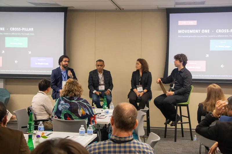 Dr. Alexandre Duprey moderates the Clinical AI Mastermind Session 2 panel with Dr. Savina Jaeger, Dr. Roberto Araujo, and Dr. Bhaskar Dutta at Johnson & Johnson in Cambridge